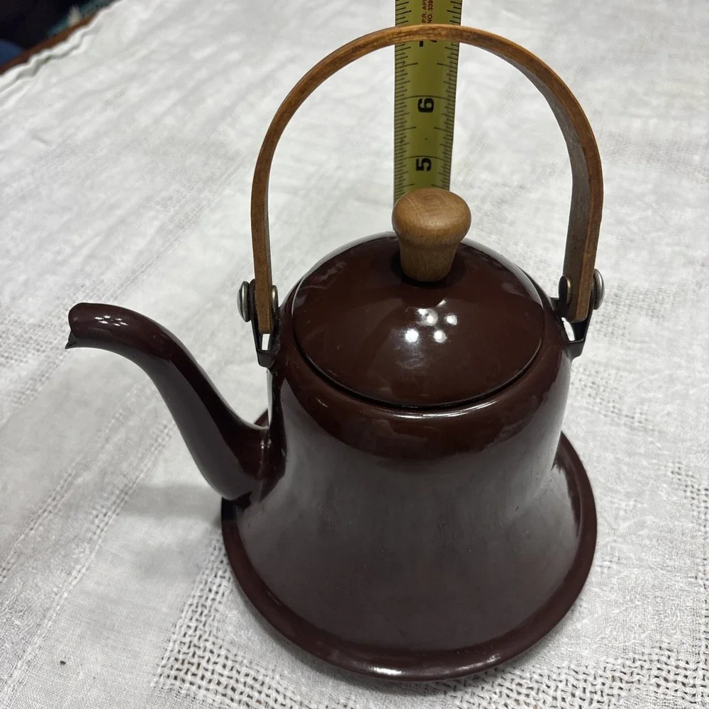 Pretty Shiny Rich Brown Enamel Ware Tea Kettle Metal Farmhouse Cottage Rustic